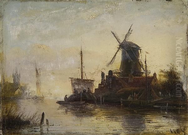River Scene With Windmill And Barges - view 1