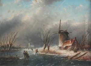 Figures On A Frozen Lake By A Windmill