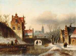 Figures On A Frozen Canal In A Dutch Town