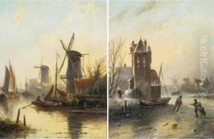 Skaters On A Frozen River; Sail Barges At Dusk Skaters On A Frozen River; Sail Barges At Dusk