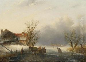 A Winter Landscape With A Horse-sledge On The Ice by Jan Jacob Coenraad Spohler