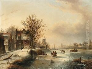 Winter Landscape With Figures Skating On A Frozen River