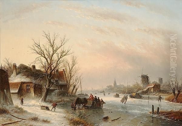 A Dutch Winter Landscape With A Horse And Sled, And Figures Skating On A Frozen River - view 1