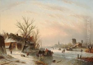 A Dutch Winter Landscape With A Horse And Sled, And Figures Skating On A Frozen River by Jan Jacob Coenraad Spohler