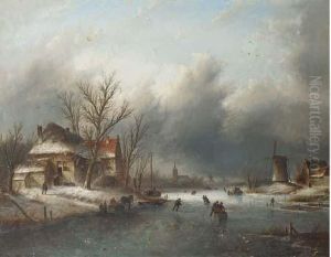 Skaters On A Frozen River, A Town In The Distance