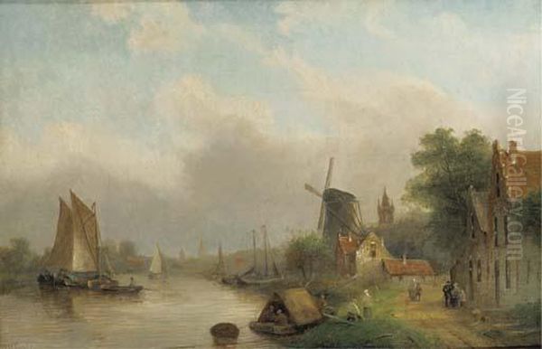 Shipping On A River By A Village - view 1