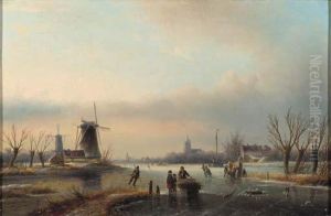 Numerous Skaters On A Frozen Waterway by Jan Jacob Coenraad Spohler