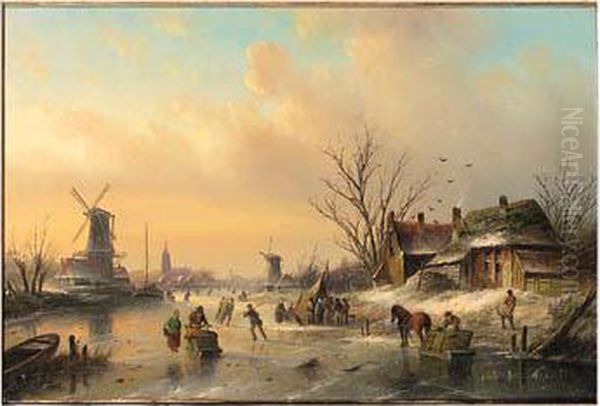 A Winter Landscape With Figures
Skating And Townsfolk Gatheredaround A Koek En Zopie At Dusk - view 1