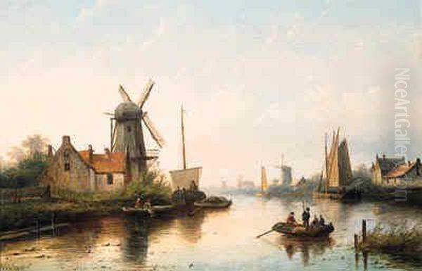 A River Landscape With Villagers In Rowing Boat And Sailing Barges,at Dusk - view 1