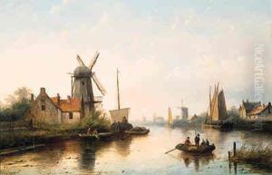 A River Landscape With Villagers In Rowing Boat And Sailing Barges,at Dusk by Jan Jacob Coenraad Spohler