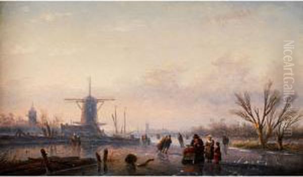 Eisvergnugen Auf Zugefrorenem Poldersee Mit Figurenstaffage - view 1