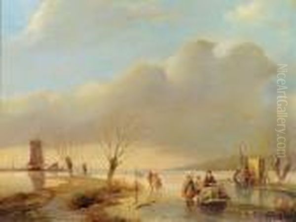 Riviere Gelee Animee De Promeneurs Et De Patineurs - view 1