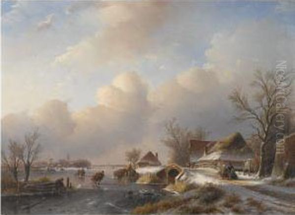 A Winter Landscape With Figures And A Horse Drawn Sleigh By Arefreshment Stall - view 1