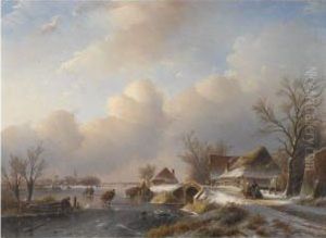 A Winter Landscape With Figures And A Horse Drawn Sleigh By Arefreshment Stall