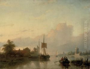 A Summer Landscape With Sailing Vessels And A Rowing Boat by Jan Jacob Coenraad Spohler