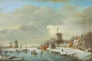 Snowy River Landscape With Skaters by Jan Jacob Coenraad Spohler