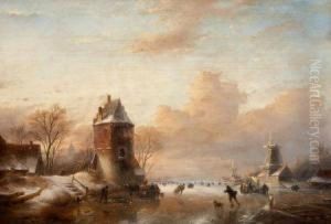 Winter Landscape With Windmills And Skaters by Jan Jacob Coenraad Spohler