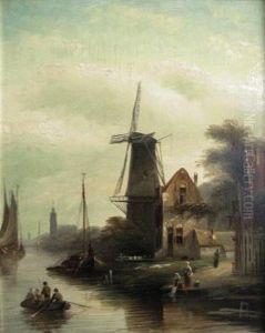 Dutch Canal Scene With A Windmill by Jan Jacob Coenraad Spohler