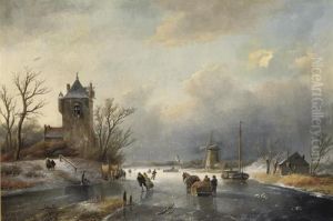 A Winter Landscape With Skaters Near A Town by Jan Jacob Coenraad Spohler