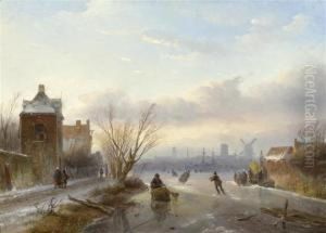 Dutch Winter Landscape With Skaters And A Town In The Background by Jan Jacob Coenraad Spohler