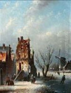 Winters Stadje Met Schaatser Op De Bevroren Vaart by Jan Jacob Coenraad Spohler