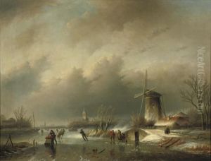 Skaters On The Ice Near A Windmill by Jan Jacob Coenraad Spohler
