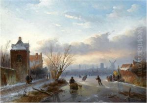 Skaters Near A 'koek En Zopie', A Dutch Town In The Distance by Jan Jacob Coenraad Spohler