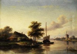 Hollandische Flusslandschaft Mit
 Strohgedeckter Kate, Windmuhle, Segelschiffen Und Fahrkahn