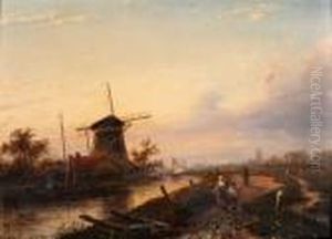 Zomerlandschap Met Wandelaars Langs Poldervaart