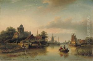 Activities On A Dutch River With A Windmill In The Distance by Jan Jacob Coenraad Spohler