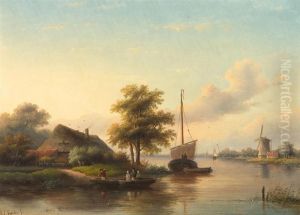 River Lanscape With Cottage, Ships And Windmill by Jan Jacob Coenraad Spohler