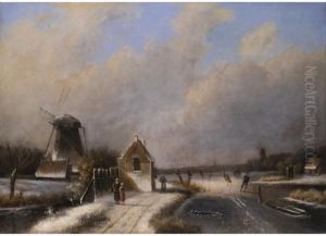 Hollandische Winterlandschaft Mit Schlittschuhlaufern Und Windmuhlen by Jan Jacob Coenraad Spohler