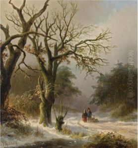 Travellers On A Snow Covered Forest Path