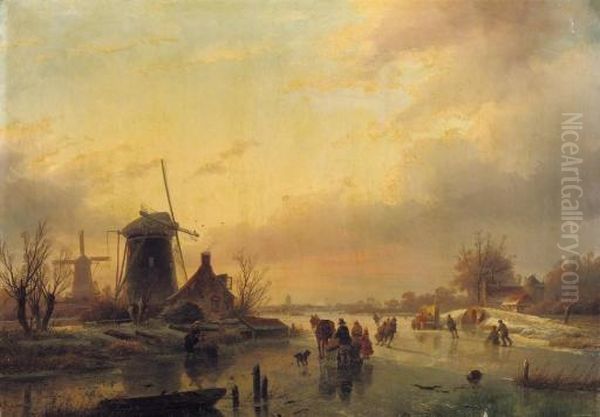 Skaters On The Ice With A 'koek And Zopie' Beyond At Sunset - view 1