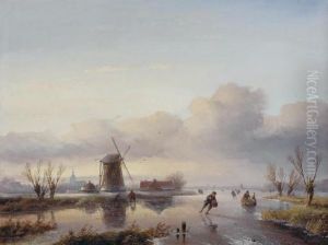 A Winter Landscape With Figures Skating On A Frozen Waterway by Jan Jacob Coenraad Spohler