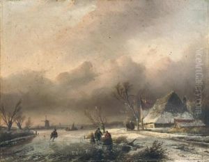 A Dutch Winter Landscape With Villagers On The Ice by Jan Jacob Coenraad Spohler