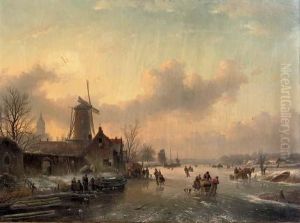 Winterfun: Numerous Skaters On A Frozen Waterway
