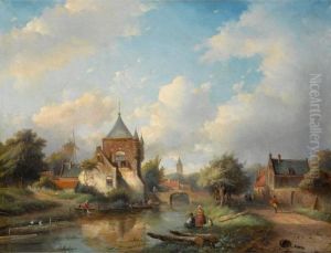 A Summer Landscape With Figures Along The River Side by Jan Jacob Coenraad Spohler