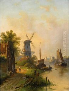 A River Landscape With A Windmill; Skaters On A Frozen River (a Pair) by Jan Jacob Coenraad Spohler