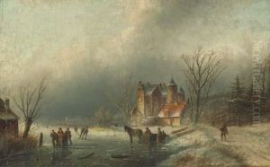 A Winter Landscape With Figures On A Frozen River
