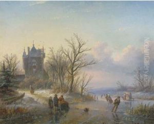 A Sunny Winter's Day With Skaters By A Castle