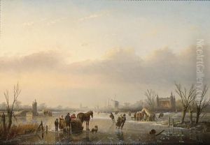 Horse And Sledge On A Frozen 
Waterway A A'koek En Zopiea' In The Distance