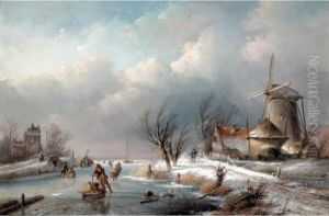 Skaters On A Frozen River by Jan Jacob Coenraad Spohler