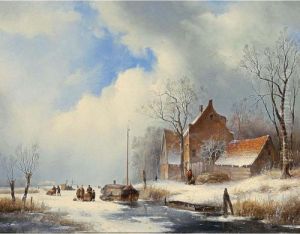 A Frozen Waterway With Figures On The Ice