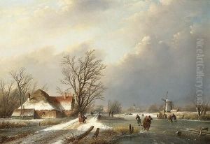 Winter Landscape With Figures Skating On A Frozen River by Jan Jacob Coenraad Spohler