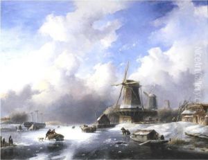 A Frozen Winter Landscape With Windmills