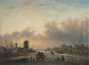 Skaters On A Dutch Waterway Before Windmills At Dusk