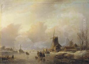 Skaters By A Koek En Zopie On A Frozen Waterway