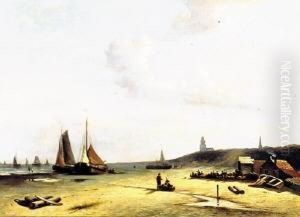 Kustenlandschaft Mit Mehreren
Fischerbooten. Am Ufer Geschaftiges Treiben. Unten Links Signiert J. F.
Spohler by Jan Jacob Coenraad Spohler