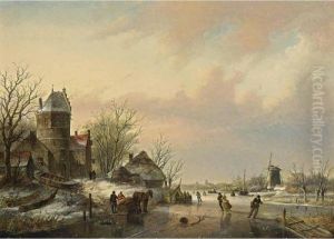 A Winter Landscape With Skaters Near A 'koek En Zopie'